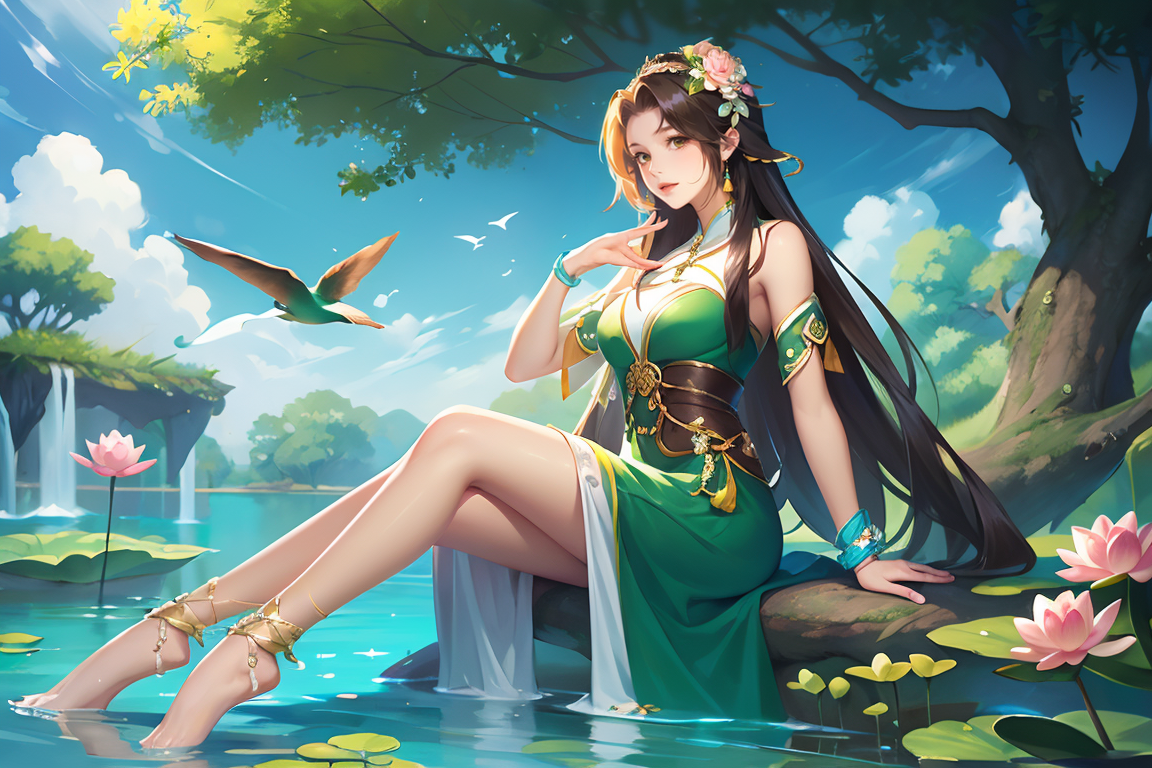 394280-25213766-game illustration, bird, 1 girl, flower, hair accessory, water, sitting, cross legs, green dress, dress, anklet, barefoot, lotus.png